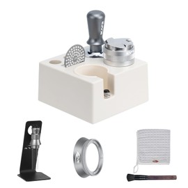 IKAPE 53MM Espresso Tamper Kit Silver 8 IN 1, Coffee Tamper Set comprising a Tamper, Distributor, Magnetic Dosing Funnel, Puck Screen, Station, WDT Tool, along with a Cleaning Towel and Brush