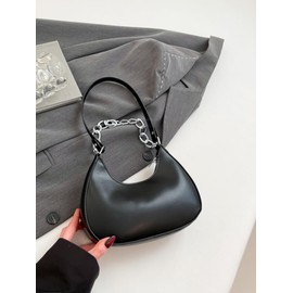 Verdusa Women's Studded Metal Chain Shoulder Bags Punk Top Handle Crescent Underarm Bag Black One Size