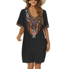 Grosy Women's Embroidered Mexican Peasant Dresses, Plus Size Fiesta Boho Dress for Women, Traditional Floral Bohemian Skirts (Medium, Black-1)