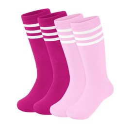 Hryrbay 2 Pairs Kids Soccer Socks Toddler Girls Knee High Socks Uniform Sock Three Stripes for Boys Girls (Pink,RoseRed,3-6 Years)