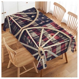 Swono American Flag 52"X70" Oblong Table Cloth Retro Wooden Wagon Wheels USA Flag Wrinkle Free Table Cover Farmhouse Tablecloth for Home Restaurant Picnic Indoor Outdoor Dining