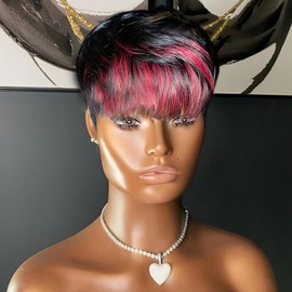 Flandi Pixie Cut Wigs for Black Women Pixie Cut Wig Human Hair Short Layered Wigs Full Machine Made Short Haircut Wig Glueless with Bangs Black with Brown 1B99J