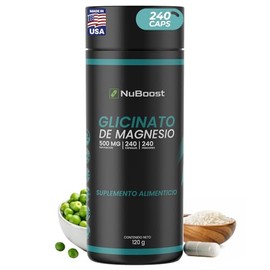 Nuboost Glicinato de Magnesio 500 mg - 240 Cápsulas - Magnesio Alta Absorción - Hecho en USA, Certificado GMP y Sin OMG