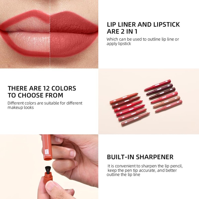 Fovcos 2-in-1 Lip Crayon, lip liner, Lip Liner Pencil, Slim