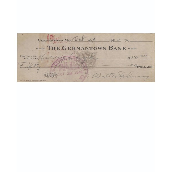 Walter Johnson Reprint Check with 8.50" x 11" Photo Free