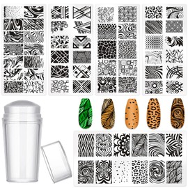 MOLILON 5pcs Nail Stamp with Nail Stamper and Scraper, Geometry Stripe Nail Stamping Plates Nail Art Stamp French Tip Stamps Tool Nail Stencils Template for DIY Nail Art Accessories