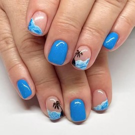 Summer Press On Nails Short Square Fake Nails Blue Nails Press Ons With Coconut Tree Designs Acrylic Glossy False Nails Full Cover Glue On Nails Short Summer Stick On Nails For Women