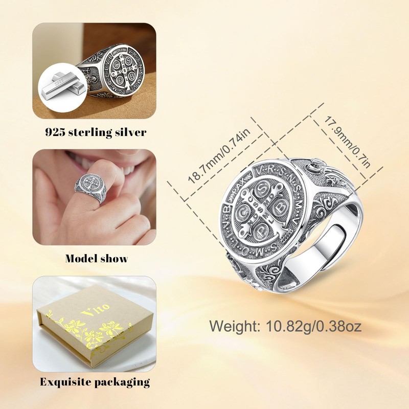 Vito S925 Sterling Silver Saint Benedict Ring for Women Men,