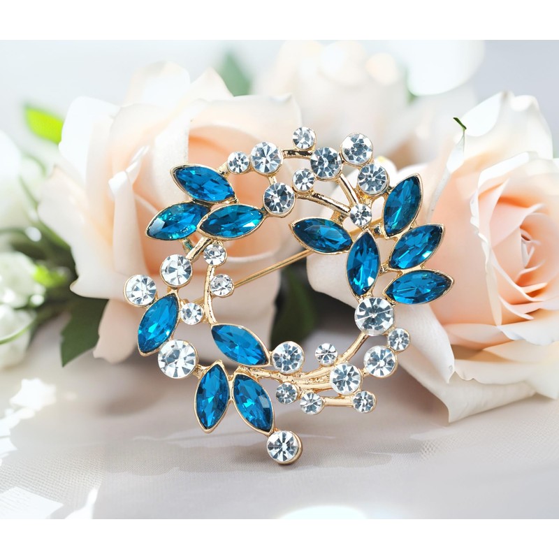 Gyn&Joy Rhinestone Crystal Leaf Wedding Flower Wreath Brooch Pin, Metal,