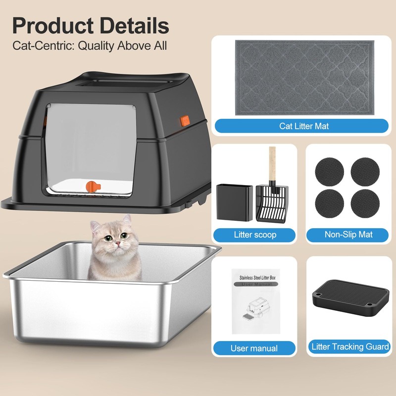 Stainless Steel Litter Box with Lid,Front Entry Top Exit Kitty