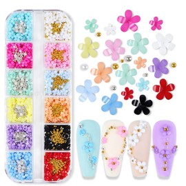 Flowers Nail Art Decorations, 12 Colors Resin Flower Beads Nail Glitter Sequins, Five Petals Floral Nail Rivet Rhinestone Design for Nail Stickers Decals Foils, Women Manicure Flower Acrylic Supplies