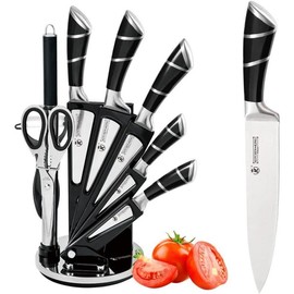 MDHAND 9-Piece Kitchen Knife Set with Acrylic Block, Non-Stick High Carbon Stainless Steel, Sharp Blades for Meat, Slicing, Chopping, Ideal Gift for Women - Color: pink