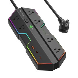 6 Outlet Surge Protector with USB Power Strip (2 USB-C) 6 Ft Extension Cord, LED Light with Full Spectrum Color Select,Compatible with Gaming PC,Black (65W)