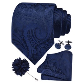 GUSLESON Navy Blue Tie for Men Paisley Wedding Silk Necktie Pocket Square Cufflinks and Lapel Pin Brooch Set (6111-11)