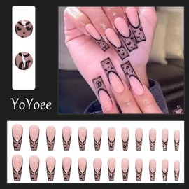 YoYoee Black French Press on Nails - Coffin Long Fake Nails Acrylics Full Cover False Nails Heart Pattern Nails Tips for Women and Girls 24PCS