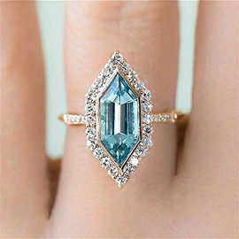 18K Yellow Gold Plated Shiny Full Diamond Blue Aquamarine Rings Cubic Zirconia Wedding Cz Band Eternity Ring Promise Ring Women Exaggerated Luxury Ladies Topaz Sapphire Solitaire Ring for Women (8)
