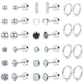 Versatile 8 Pairs Titanium Earrings for Sensitive Ears - Dot Ball Opal Cubic Zirconia, 20 Gauge, Pure Titanium Stud and Hoop Earrings Set - G23 Titanium Earrings with Flat Back for Women (E-Silver Tone-16Pairs)