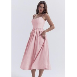 LAJIOJIO Womens Corset Midi Dress Wedding Guest Dresses for Women Flowy Pleated A Line Sundress Pink