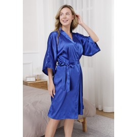 ALHAVONE Women Short Floral Silky Robes Wedding Bride Bridesmaid Bridal Party Robes Kimono (Solid color-Sapphire, Tag LXL)