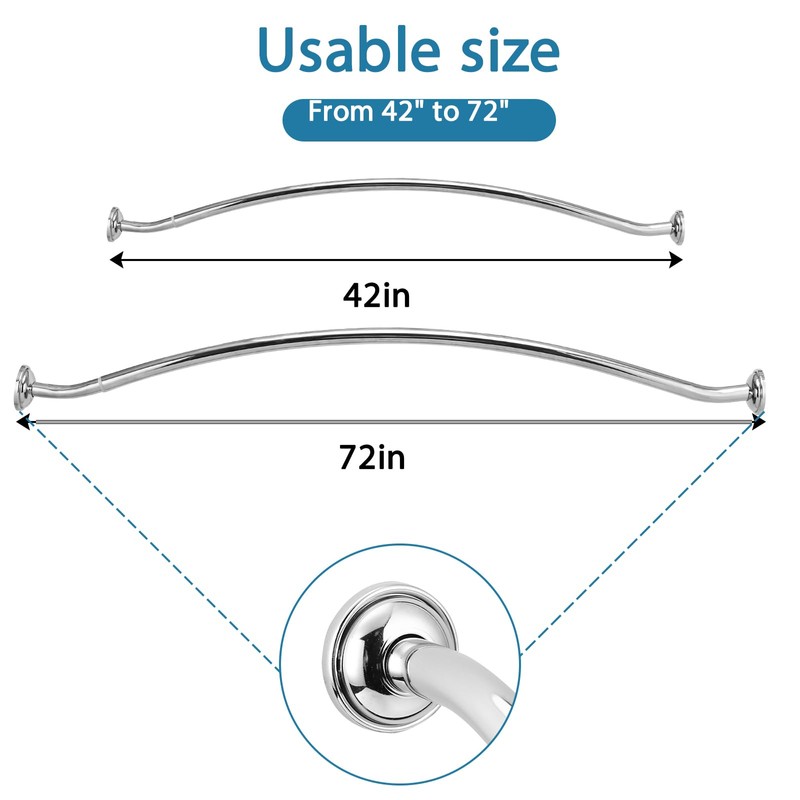 Adjustable Chrome Curved Shower Curtain Rod, 42-72 Inches Shower Curtain