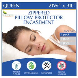 Queen Size Waterproof Pillow Protectors (Set of 4) – Zippered Allergy Pillowcase Cover Dust Proof Encasement