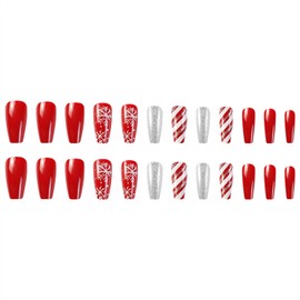 Christmas Press on Nails Long Square Fake Nails with Snowflake Design 24PCS Red Silver Glitter Acrylic Nails for Women Girls