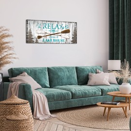 Lake House Wall Art Lake Rules Prints Wall Decor Cabin Pictures Canvas Painting for Home Decor Framed 16"x40" (Blue) (Teal)