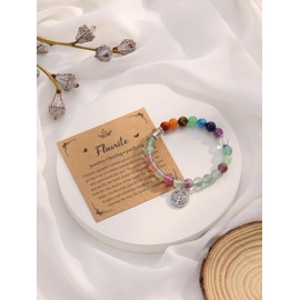 JSDDE Fluorite Chakra Crystals Bracelet for Women Healing Crystal Bracelet Natural Gemstone Beaded Bracelets with Life Tree Charm Jewellery Valentines Christmas Gifts