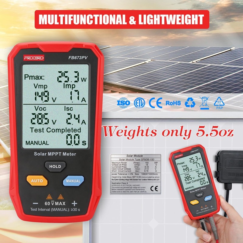 FrogBro FB673PV Solar Panel Tester, Photovoltaic Multimeter 800W, Solar MPPT