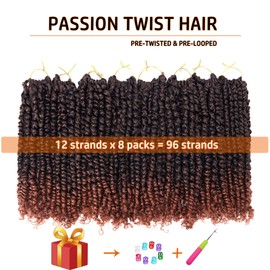 Passion Twist Hair 14 Inch Pre-twisted Passion Twist Crochet Hair for Women Pre-looped Water Wave Crochet Braids Bohemian Curly Braiding Hair Synthetic Hair Extensions 8 packs 1B/350