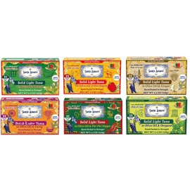 Discoverer 6 Flavor Variety Pk Canned Wild Pole & Line Tuna Fillet in Olive Oil (6 Pk) Mediterranean Diet Turmeric Curry, Basil, Ginger, Piri Piri, Oregano, Bell Pepper - Hand-Packed in PORTUGAL