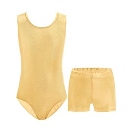 Nymphperi Gymnastics Leotards Size 6-7 Years Old Shiny Solid Gold Lightweight Bodysuits with Sparkly Shorts Suit for Children Theme Party