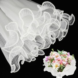 4.37 Yards Flower Wrapping Mesh Paper, White Pearl Edge Wrinkled Bouquet Packaging Paper, Translucent DIY Floral Wrapping Paper for Party Favor Decor, Florist Supplies Wedding Gift Packaging, White