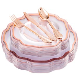 NOCCUR NOCCUR 150PCS Rose Gold Plastic Plates&Rose Gold Silverware-Include 30Dinner Plates, 30Salad plates, 90 Disposable Rose Gold Utensils- Ideal for Weddings, Party,Shower