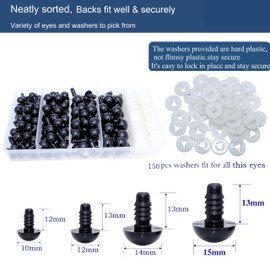 300Pcs Safety Eyes and Secure Washers for Amigurumi Crochet - Thalinfayi 4Sizes 10-15mm Black Plastic Safety Eyes Crochet Craft Eyes for Amigurumi, Crafts, Crochet Doll DIY Making Decorations