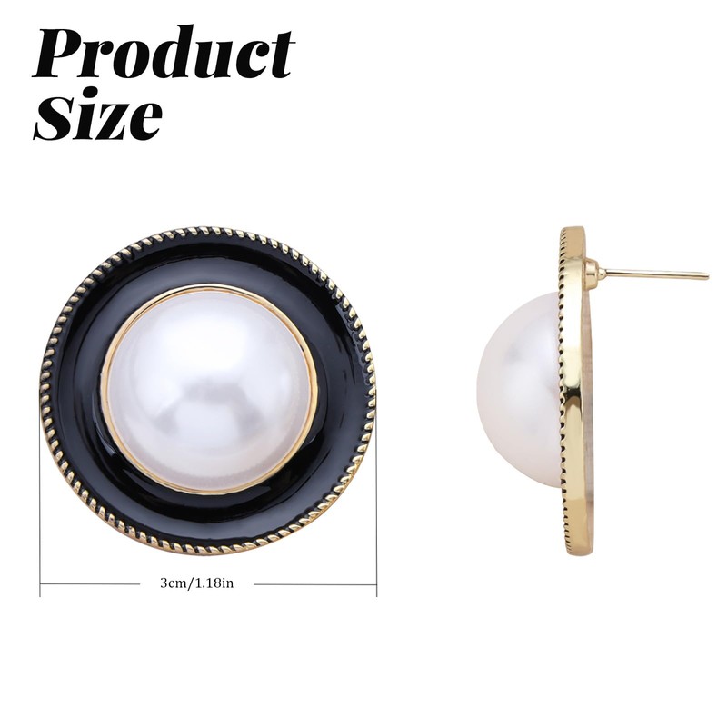 IRCOMULTI Vintage Pearl Black Enamel Earrings Large Round Pearl Stud