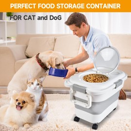 Collapsible Dog Food Storage Container Cat Food Container 18-25Lbs Pet Food Storage Containers Dog Food Container Casters & Scoop Airtight Dog Food Bin Keep Dry Food Fresh (White)