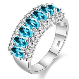 Uloveido Platinum Plated Oval Light Blue Cubic Zirconia 7 Stones Wedding Band,Simulated Aquamarine Ring J501 (Platinum,Light Blue,Size 6)