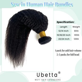 Kinky Straight Bundles, Sew in Hair Extensions Real Human Hair, 12 Inch 80G Weft Hair Extensions Human Hair Bundles Hand Tied, Sew in Weave Extensions