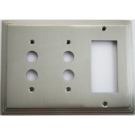 Satin Nickel Deco Step Style 3 Gang Wall Plate - 2 Push Button Switch 1 GFI/Rocker Opening