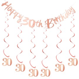 Bliceon 30th Birthday Bunting Banner, Hanging Swirls Streamers, 30th Birthday Decorations Set for Women 30 Years Old Birthdays Decorations Party Decor - Rose Gold