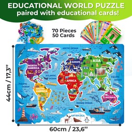 QUOKKA Puzzles for Kids Ages 4-6 - 70 Pcs Jigsaw Puzzles for 6-8 Year Olds - 50 Double-Sided Cards | Learn World| Stimulating Education Activity Gift - Shaped Puzzles for Toddlers