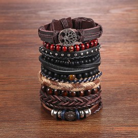 Cupimatch Leather Bracelet Set Wide Men's Black Brown Braided Punk Rock Leather Bracelet Adjustable Bracelets Christmas Gifts for Him, Leather Wood, Without Stone