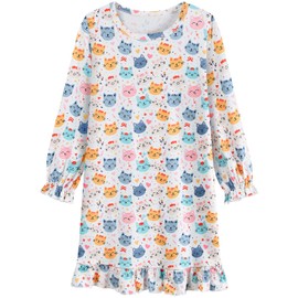 EULLA Toddler Girls Nightgown Flowers Kids Cute Cats Pajamas Dress Nightwear Ruffles 2-3 Years