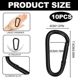 Pack of 10 Carabiners, Black, Aluminium Carabiner Hooks, Large, 7.5 x 4 cm, Robust Hooks for Camping, Fishing, Hiking, Up to 5 kg Load Capacity