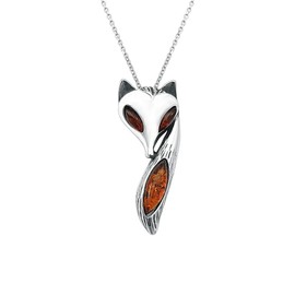 Kiara Jewellery 925 Sterling Silver Fox Pendant Necklace Inlaid With Brown Baltic Amber On Italian Sterling Silver 18" Chain.