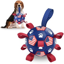 ShuRung 4th July Theme Soccer Ball Dog Toy with Straps Dog Interactive Play Balls for Tug of War USA Independence Day Dog Soccer Ball for Small Medium Big Size Dog (6 inches) S