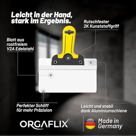 ORGAFLIX Professional Surface Spatula 220 mm (22 cm) with Rounded Corners for Drywall, Stainless Steel Blade, 2K Soft Grip, Spatula Tool, Lightweight Aluminium, Wide Spatula, Wall Spatula - Made in Germany