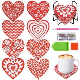 Yiomxhi 8 Pcs Diamond Painting Coasters with Holder, Valentine's Day Diamond Art Coasters Kit, Heart DIY Craft Kit Wooden Coasters Art Supplies Gift for Beginners Adults