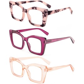 REAVEE 3 Pack Oversized Square Reading Glasses Oprah Style for Women, Blue Light Blocking Large Frame Computer Designer Fashion Readers with Spring Hinge (Pink Leopard/Purple/Tea,1.25)